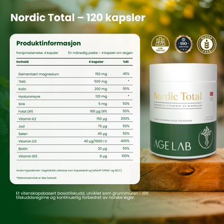Nordic Total inneholder 12 nøye utvalgte mikronæringsstoffer: magnesiumtaurat, D3, K2, kolin, selen, TMG og hyaluronsyre  og mer.