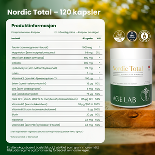 Nordic Total inneholder 16 nøye utvalgte mikronæringsstoffer: Taurin, magnesium, hyaluronsyre, TMG, citikolin, D3, K2 og mer.