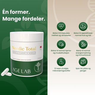 Nordic Total inneholder blant annet magnesiumtaurat, kolin, hyaluronsyre, selen, K2, D- og B-vitaminer, som bidrar til (kort pause): å redusere tretthet og utmattelse, opprettholde normal hud og hår, støtte normal hjerne- og muskelfunksjon, energiomsetning og immunforsvarets normale funksjon.