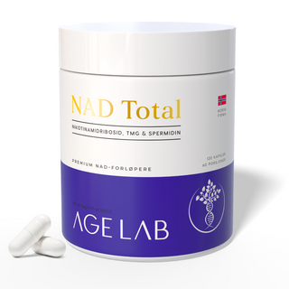NAD Total® er vårt mest avanserte NAD-tilskudd. 120 kapsler med Nikotinamid Ribosid (NR), TMG og Spermidin med 99% renhet for optimal omdannelse til NAD+ hos AgeLab.no
