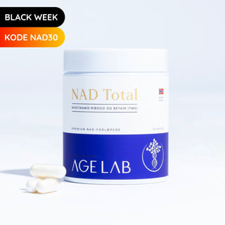 Black Week NAD Total® er vårt mest avanserte NAD+ tilskudd. 120 kapsler med Nikotinamid Ribosid (NR), TMG og Spermidin med 99% renhet for optimal omdannelse til NAD+ hos AgeLab.no