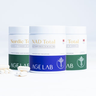 Kjøp startpakke med NAD Total og Nordic Total. Daglig grunnmur for alle med 16 evidensbaserte næringsstoffer – og NAD Total som målrettet støtte for NAD⁺ og cellebeskyttelse i Norge.