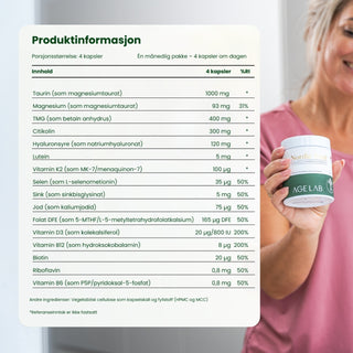 Nordic Total inneholder 16 nøye utvalgte mikronæringsstoffer: Taurin, magnesium, hyaluronsyre, TMG, citikolin, D3, K2 og mer.