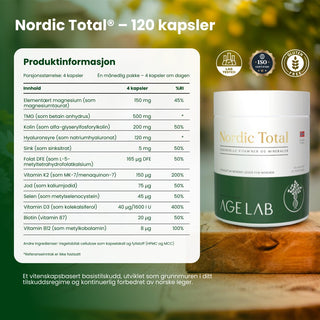  Nordic Total inneholder 12 nøye utvalgte mikronæringsstoffer: magnesiumtaurat, D3, K2, kolin, selen, TMG og hyaluronsyre  og mer.
