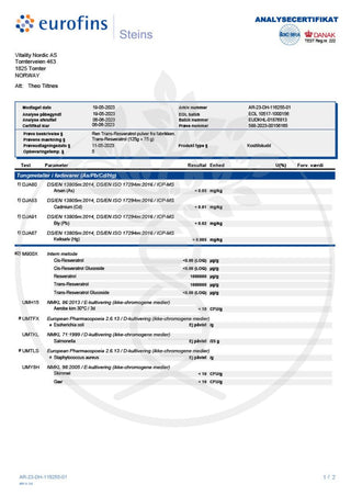 Resveratrol (RV) analysertifikat - AgeLab.no