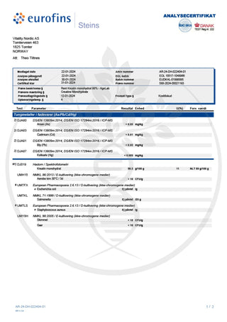Kreatin Monohydrat tilskudd laboratoriesertifikat fra AgeLab.no i Norge