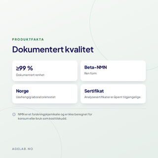 Produktfakta: dokumentert renhet på minst 99 prosent, ren beta-NMN, uavhengig laboratorietestet i Norge, og analysesertifikater som er åpent tilgjengelige.